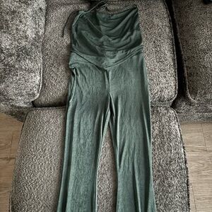 Fashion Nova Green Strapless Pantsuit with Flared Legs